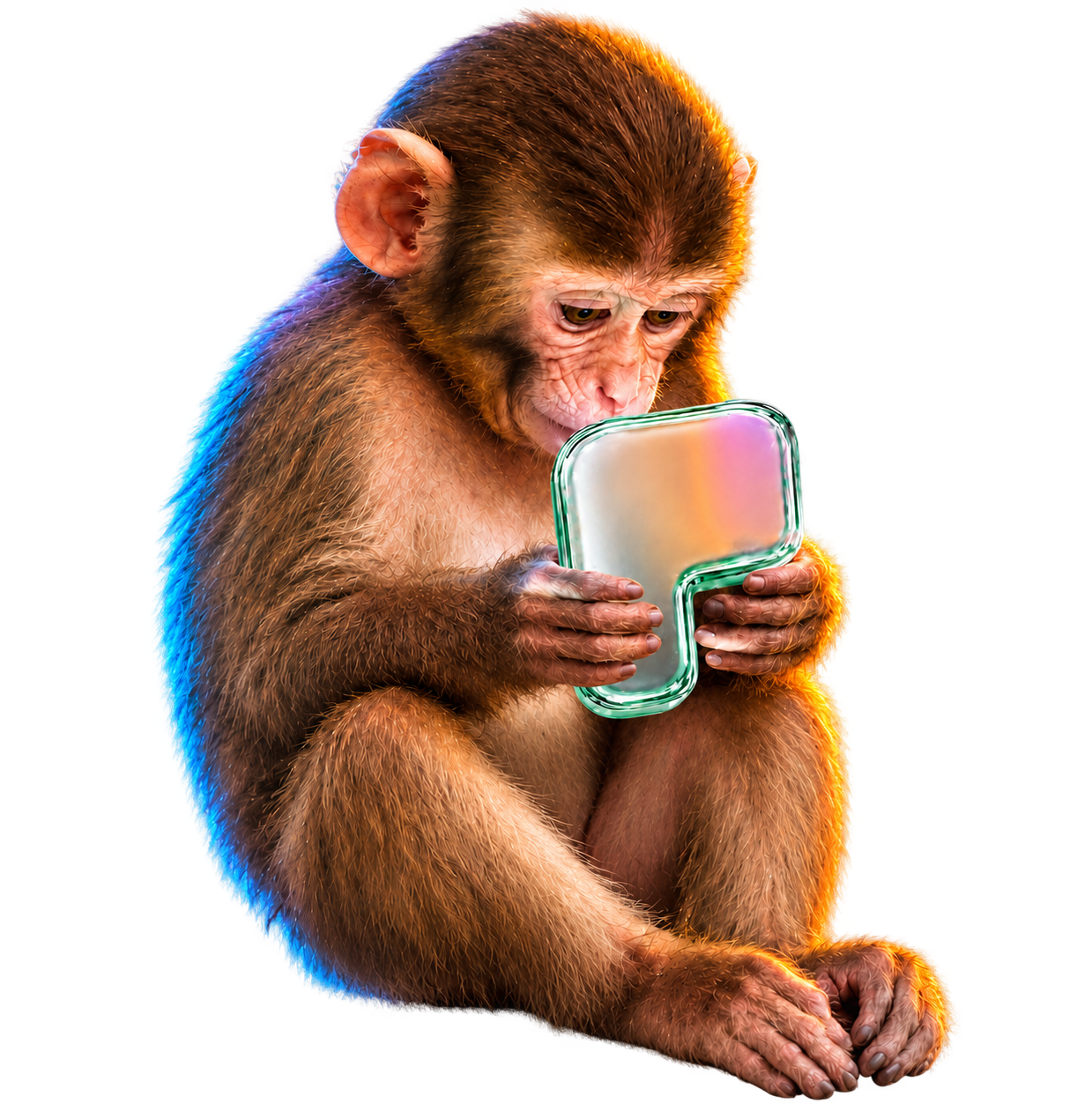 APEPONS, a thoughtful young macaque holding an iridescent object